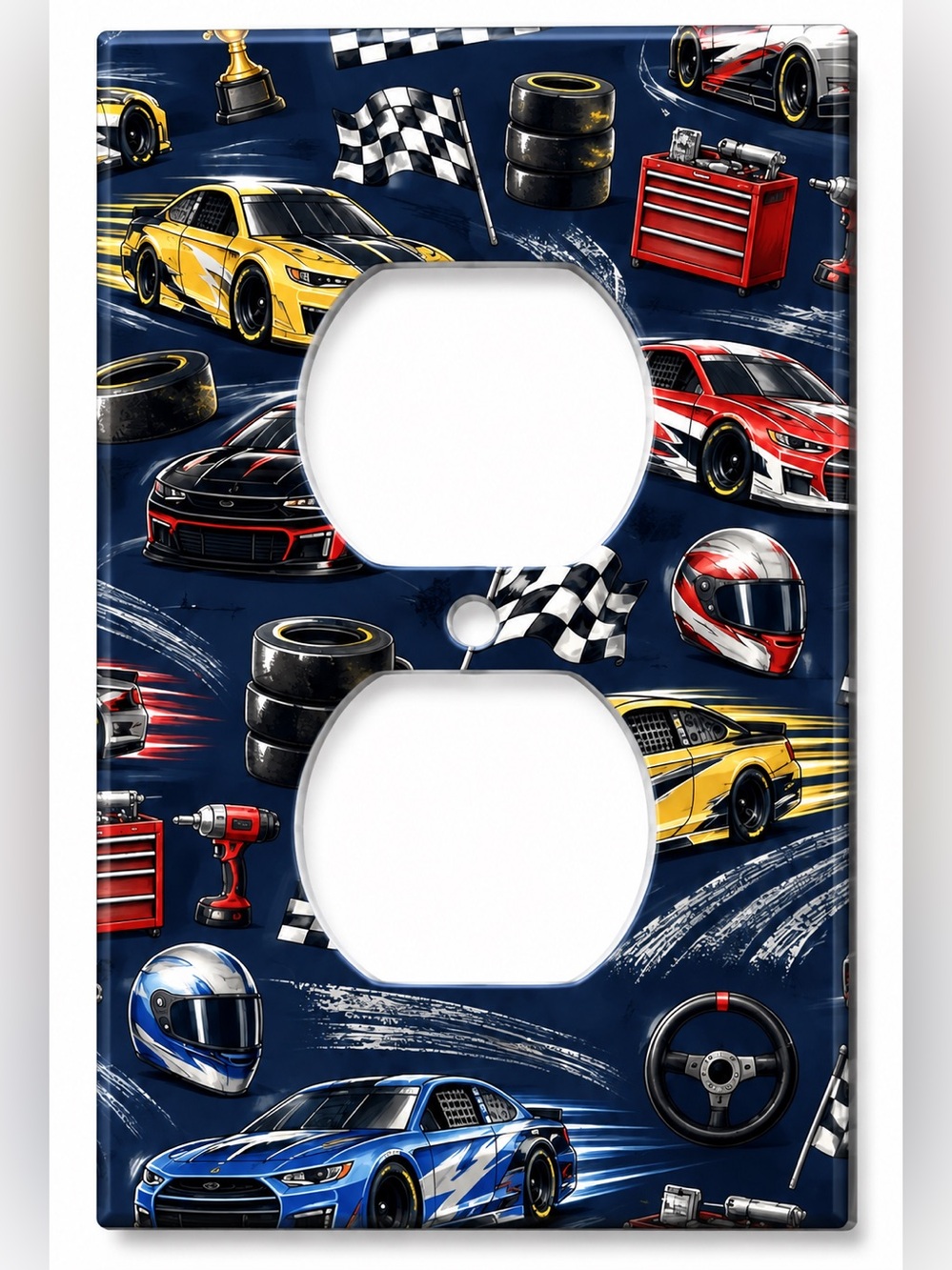 Race Car Outlet Cover Boys Kids Room Racing Checkered Flag Wall Plate Decor